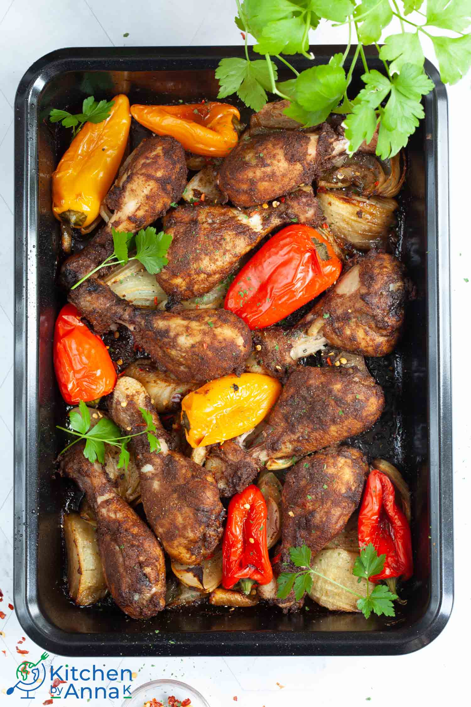 Tandoori masala chicken drumsticks with sweet peppers