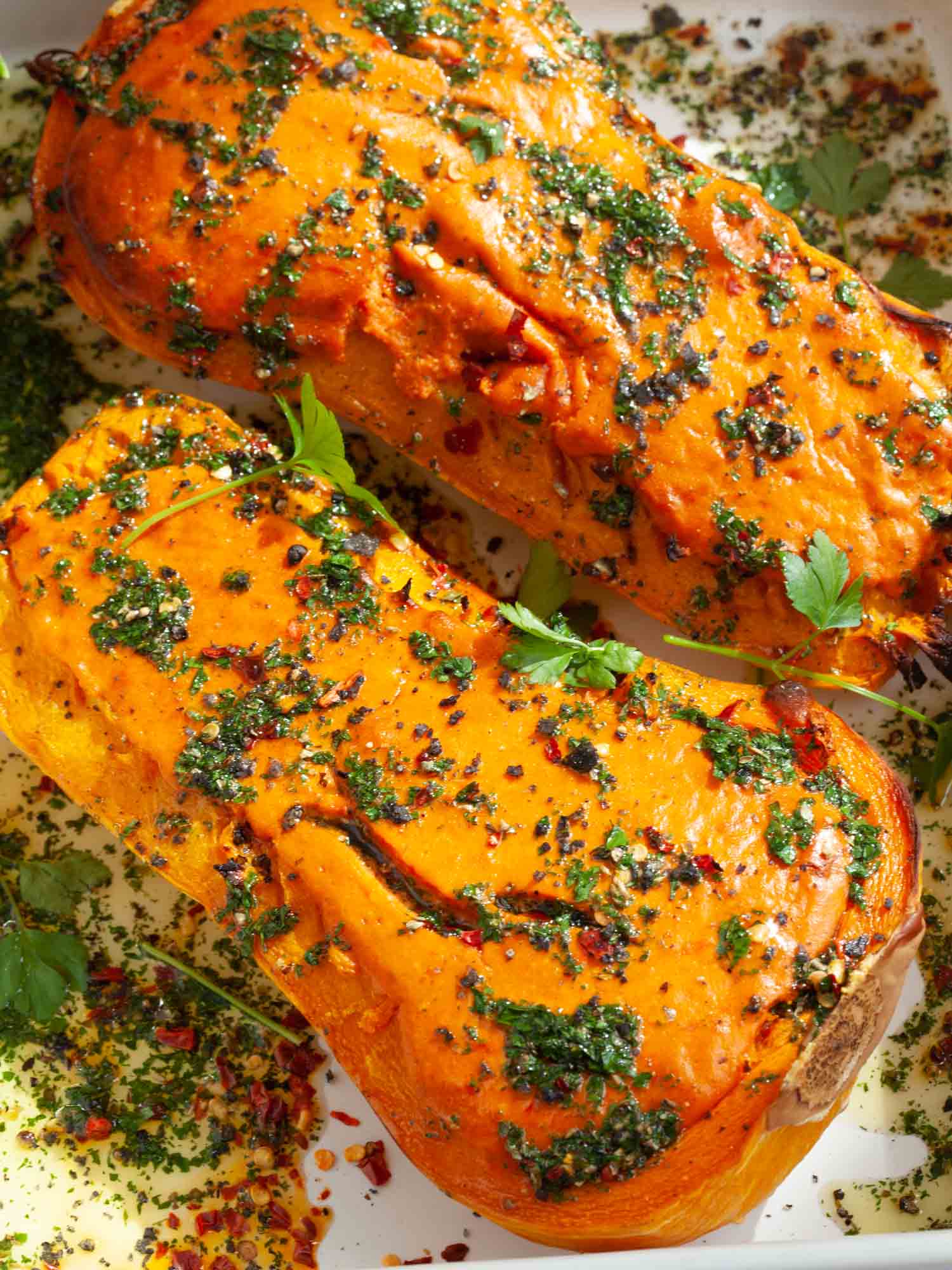 Butternut squash with feta and tomato mousse