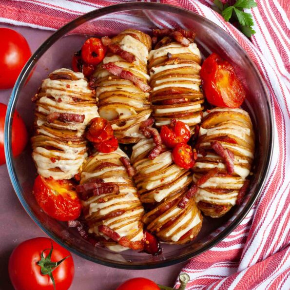 Hasselback potatoes with chorizo, cheese and bacon