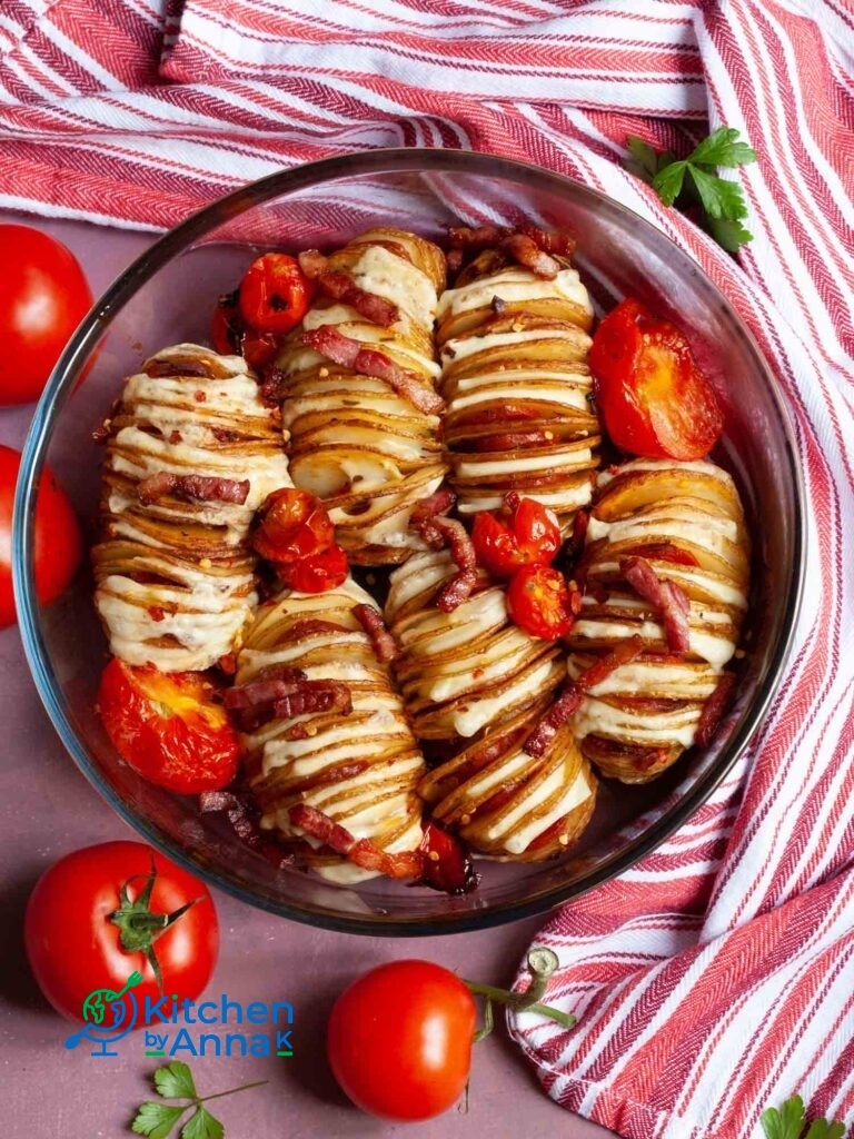 Hasselback potatoes with chorizo, cheese and bacon