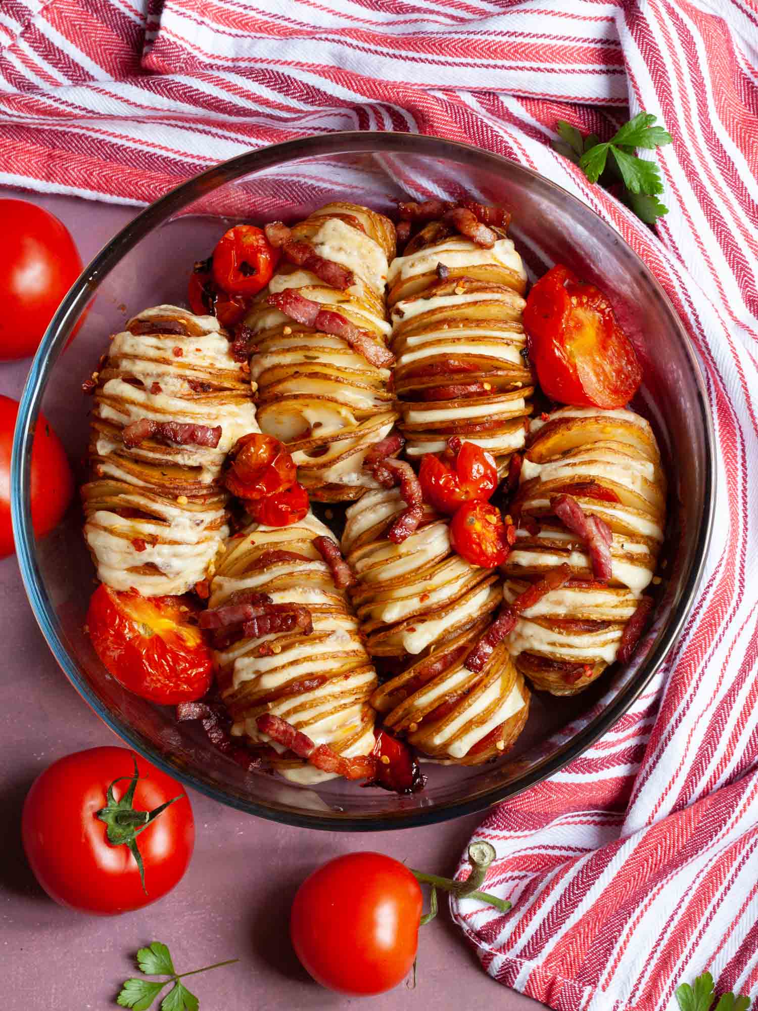 Hasselback potatoes with chorizo, cheese and bacon
