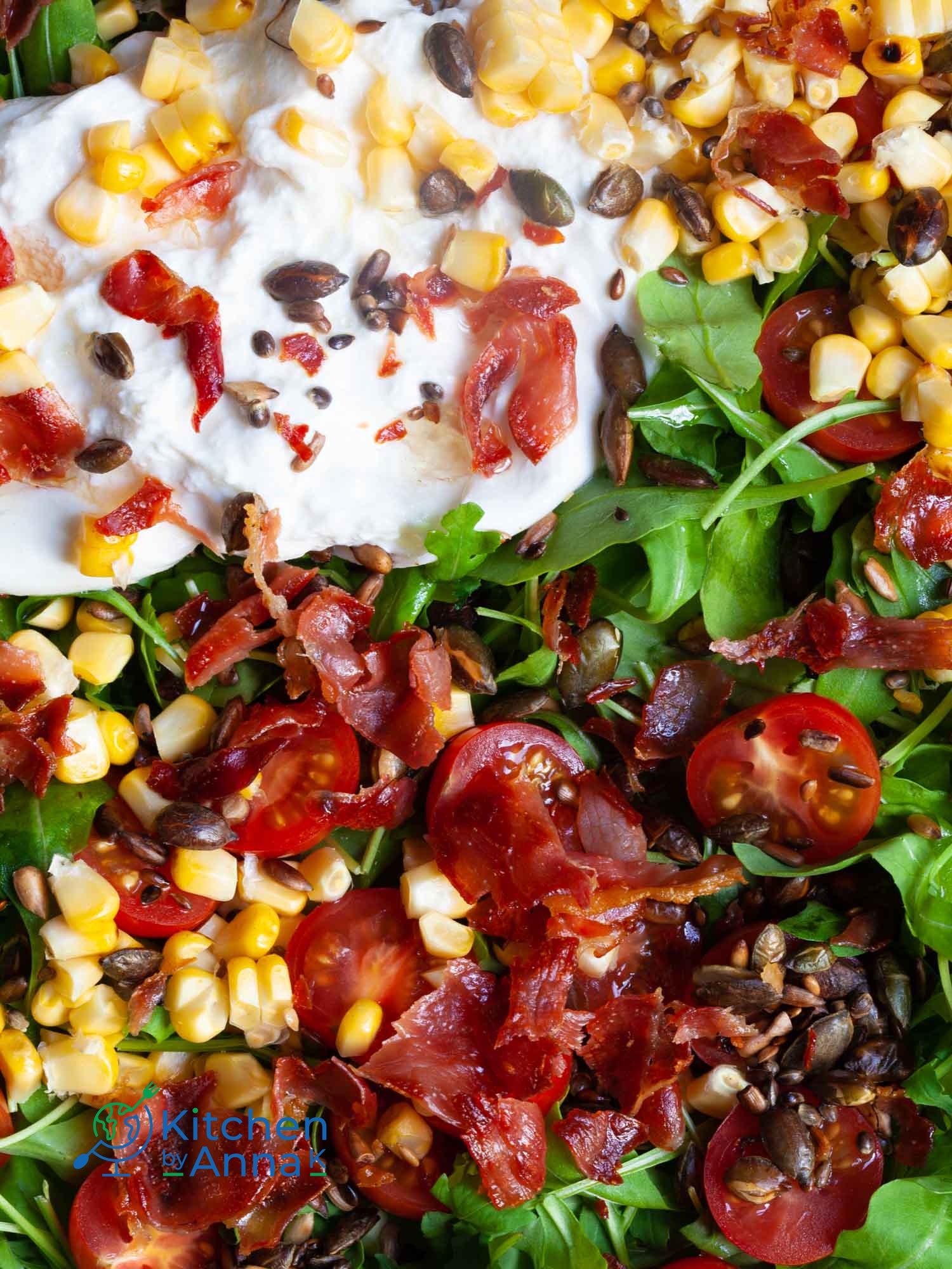 Burrata tomato corn salad with serrano ham