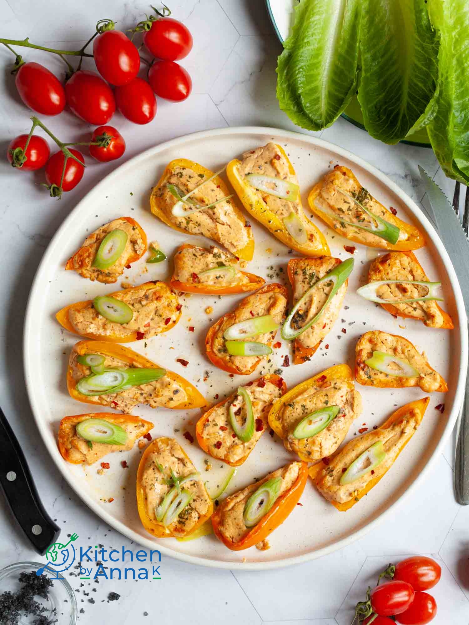 Roasted peppers stuffed with chili feta