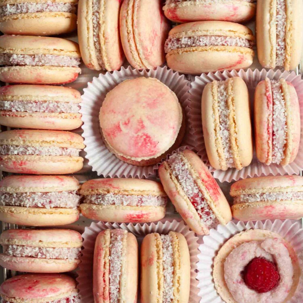 Coconut and raspberry macarons