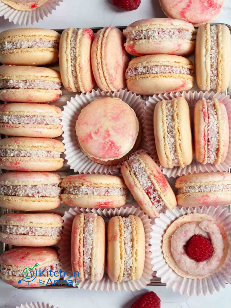 Coconut and raspberry macarons