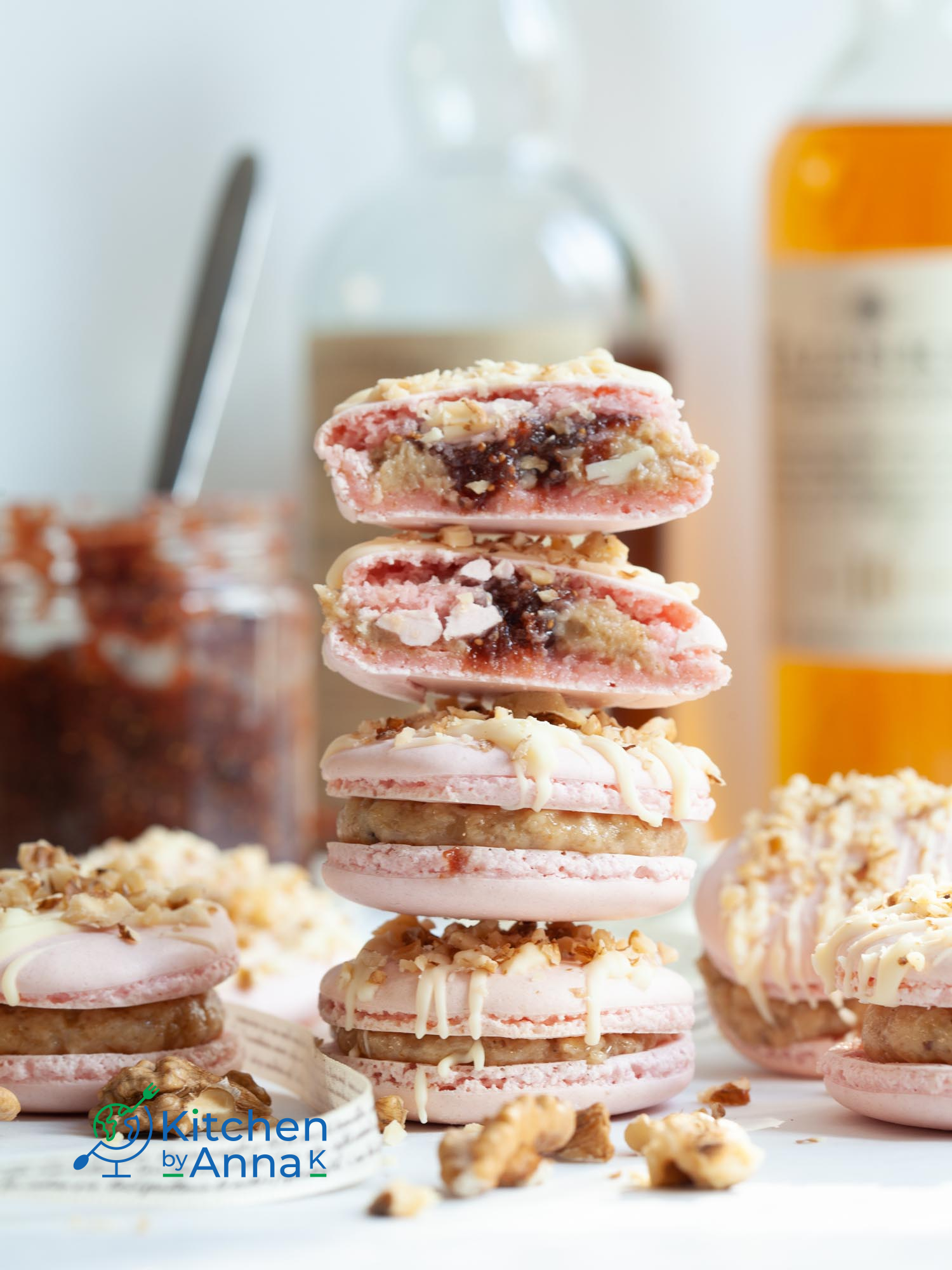 Toasted walnut buttercream and whisky jam macarons