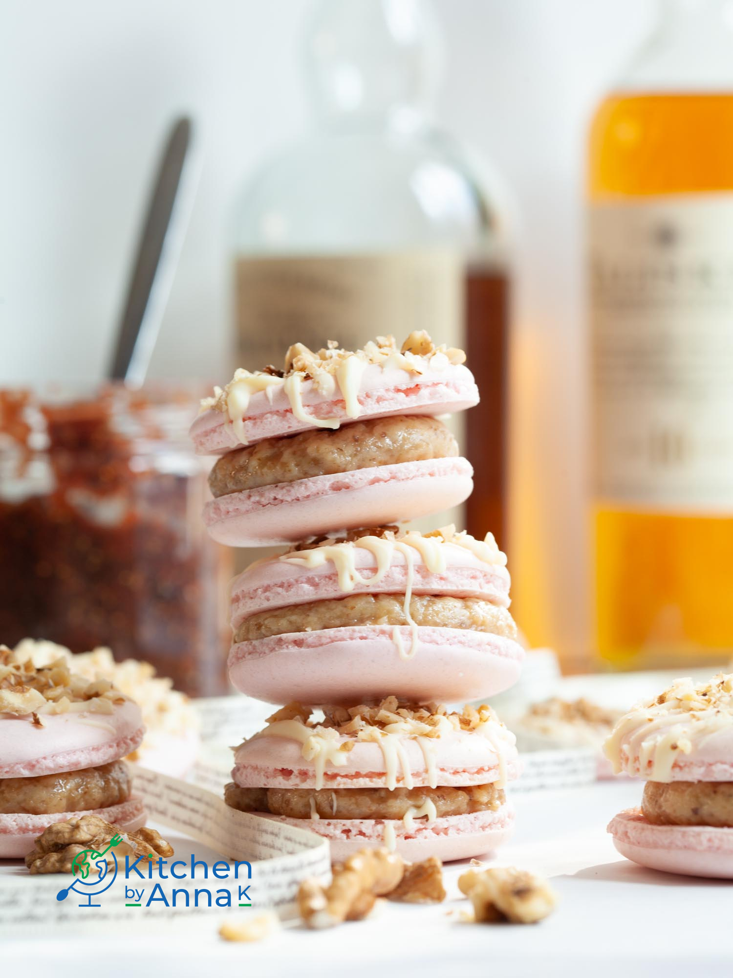 Toasted walnut buttercream and whisky jam macarons