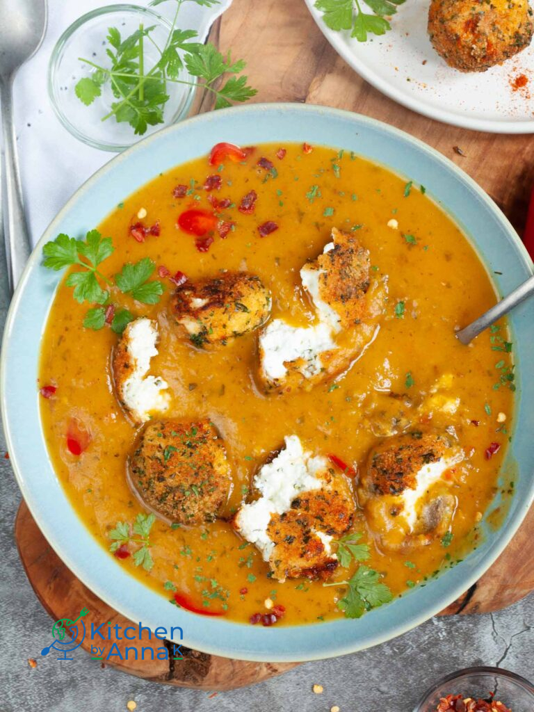 Sweet potato soup with goats cheese truffles