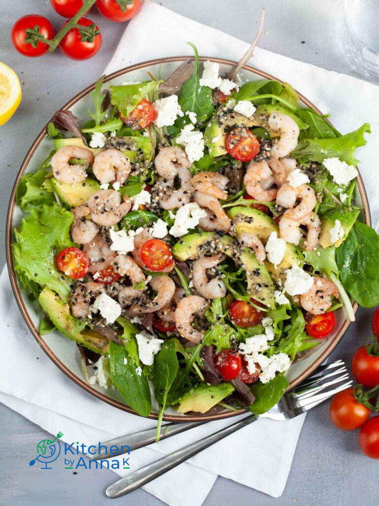 Prawn feta and avocado salad