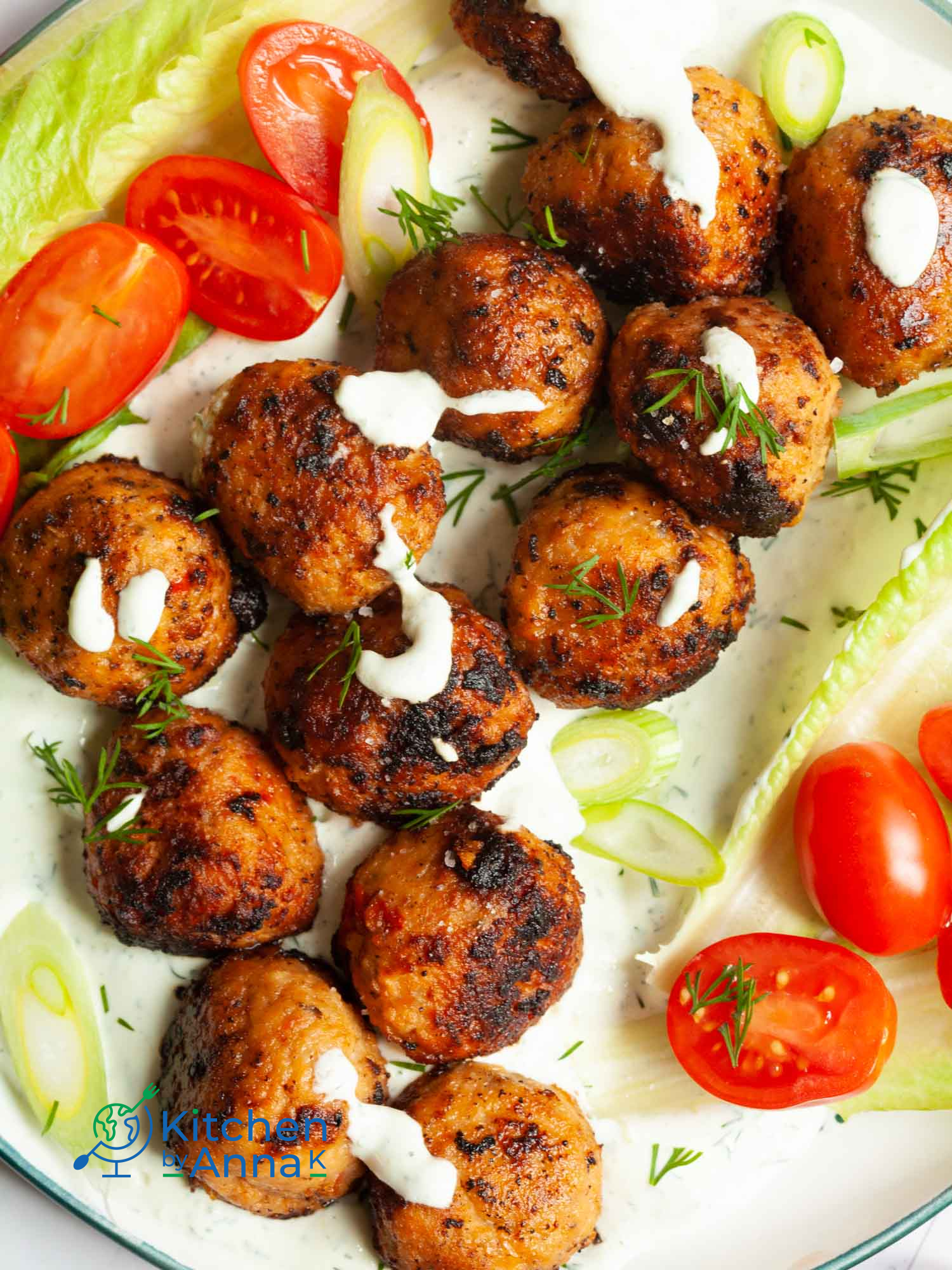 Pork meatballs with sun-dried tomato and yoghurt dill dip