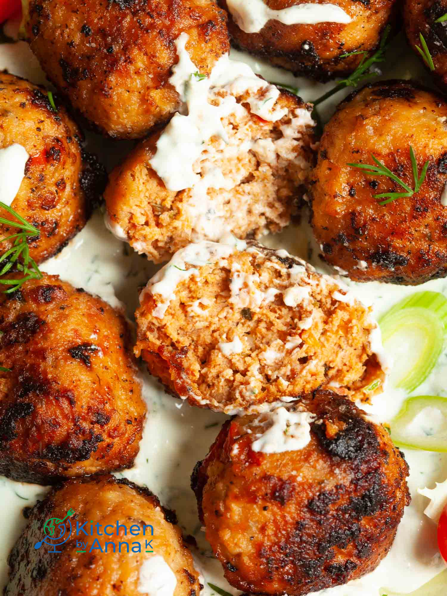 Pork meatballs with sun-dried tomato and yoghurt dill dip