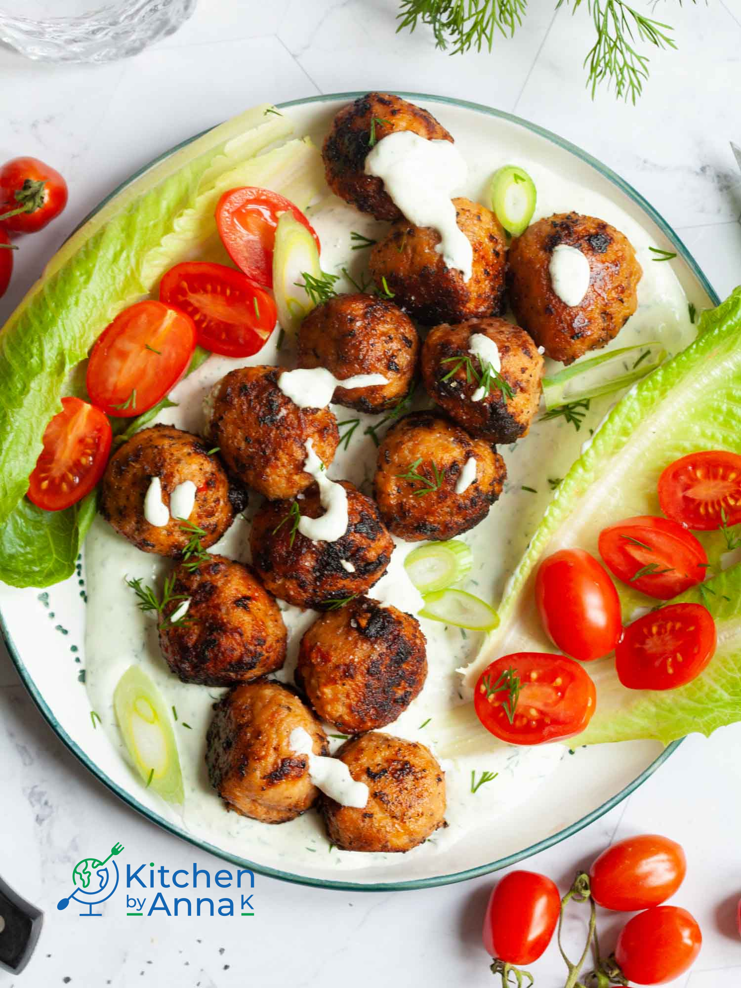 Pork meatballs with sun-dried tomato and yoghurt dill dip